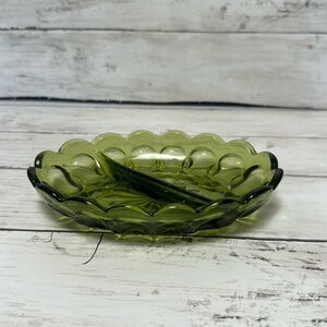 Vintage Scalloped Jewel Green Glass Dish with Divider for rings candies nuts